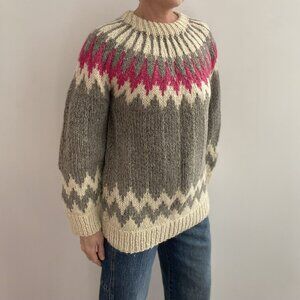 Vintage Fair Isle Wool Sweater – Pink Grey Chunky Knit Handmade – Heavy Weight W